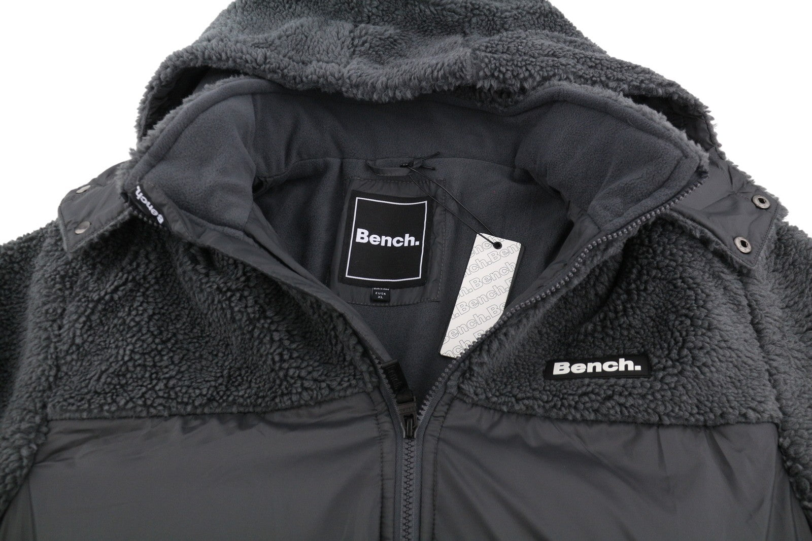 BENCH Detta Men Jacket XL Grey Quilted Hooded Zip Sherpa Lined Coat