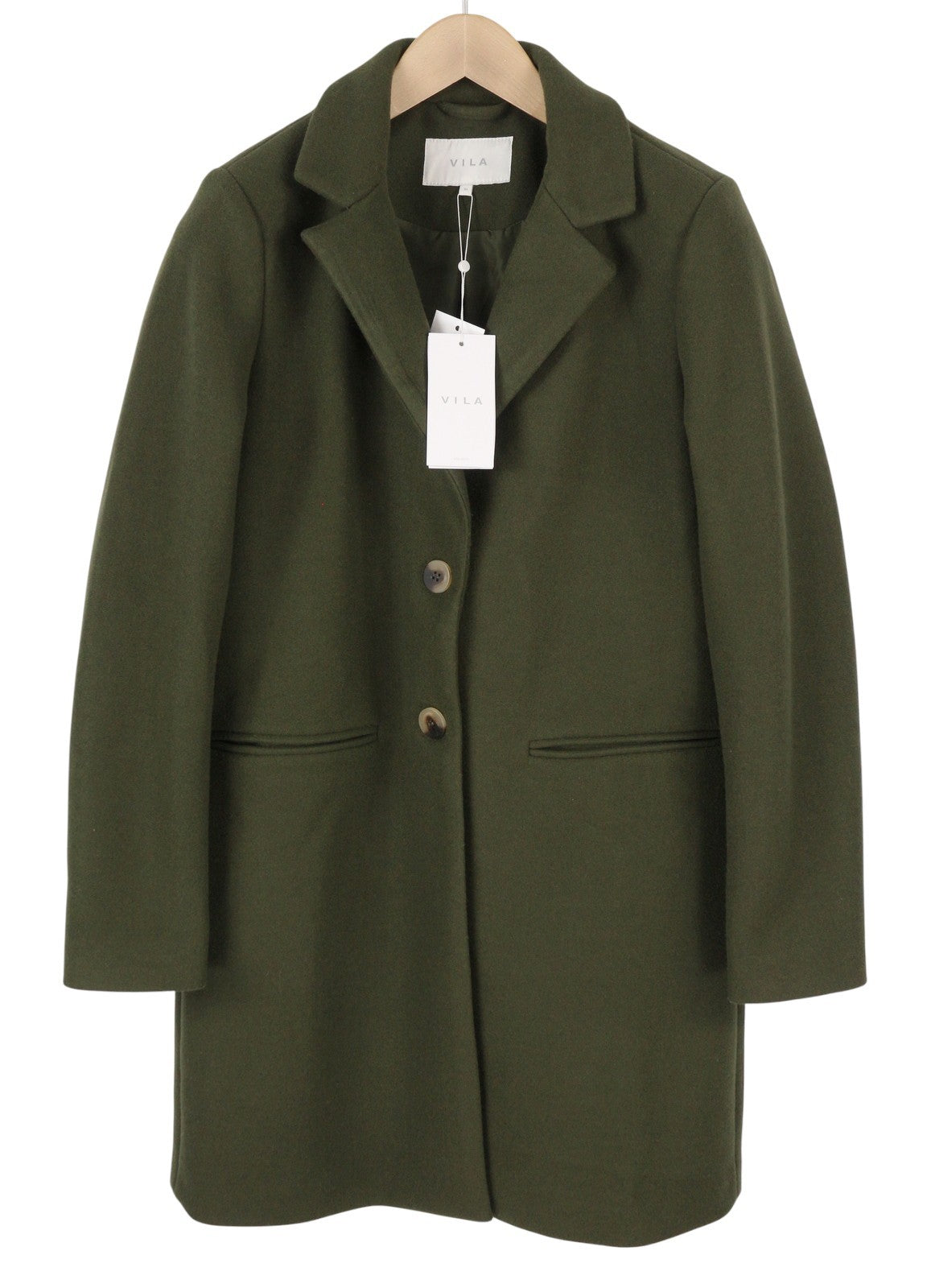 VILA Jully Women Coat EU36 Green Notch Lapel Button Closure Mid Length