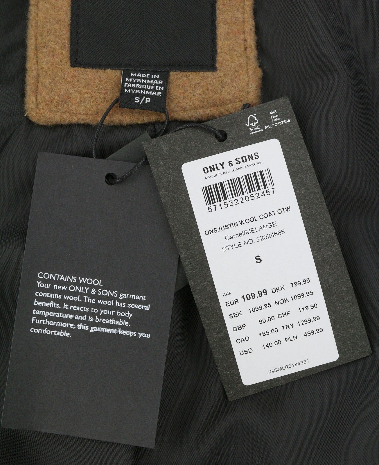 ONLY & SONS Justin Wool Men Coat S Brown Melange Notch Lapel Button Coat