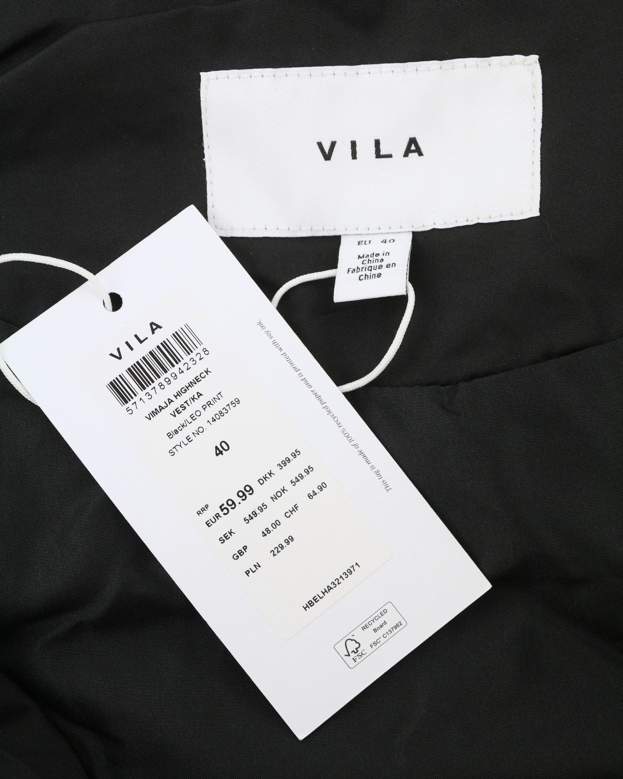 VILA Maja High Neck Women Waistcoat EU40 Black Leopard Quilted Padded Vest