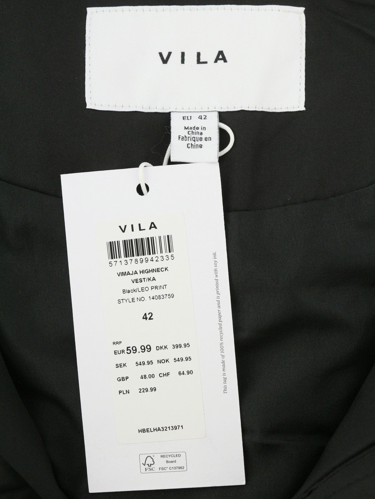 VILA Maja High Neck Women Waistcoat EU42 Black Leopard Quilted Padded Vest