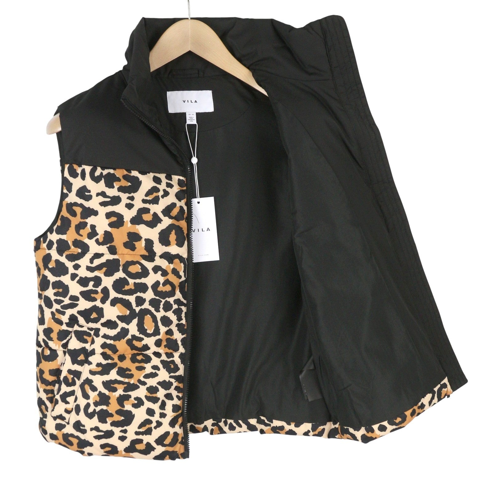 VILA Maja High Neck Women Waistcoat EU42 Black Leopard Quilted Padded Vest