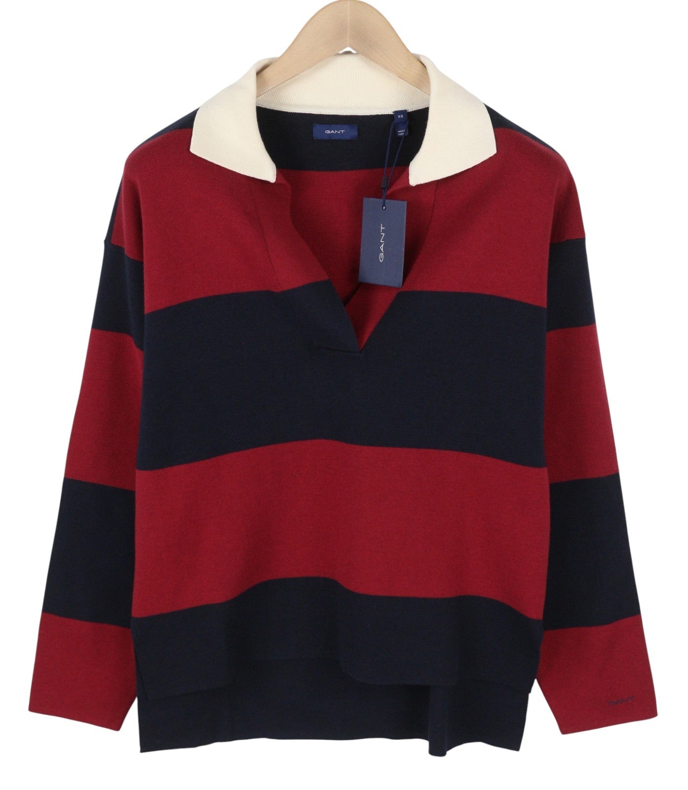 GANT Women Jumper XS Red Wool Blend Striped V Neck Oversized Knit Pull On