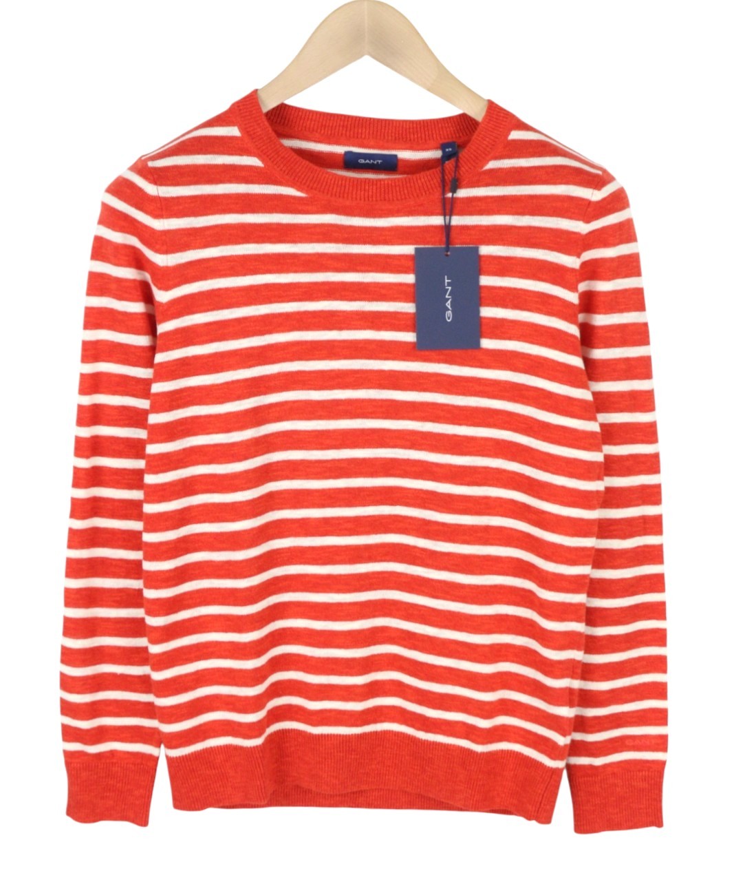 GANT Breton Stripe Crew Women Jumper XS Blood Orange Linen Blend Knit