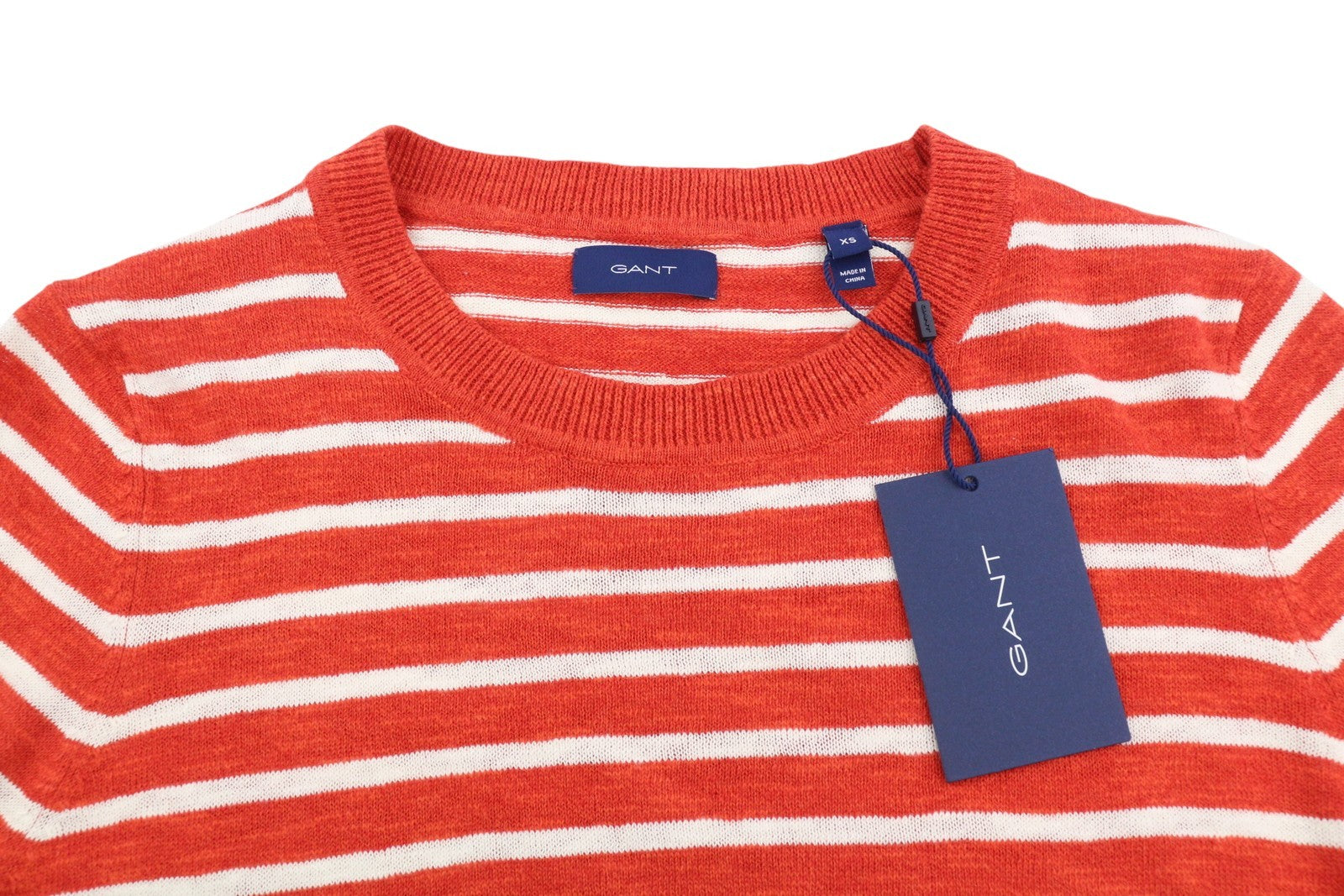 GANT Breton Stripe Crew Women Jumper XS Blood Orange Linen Blend Knit
