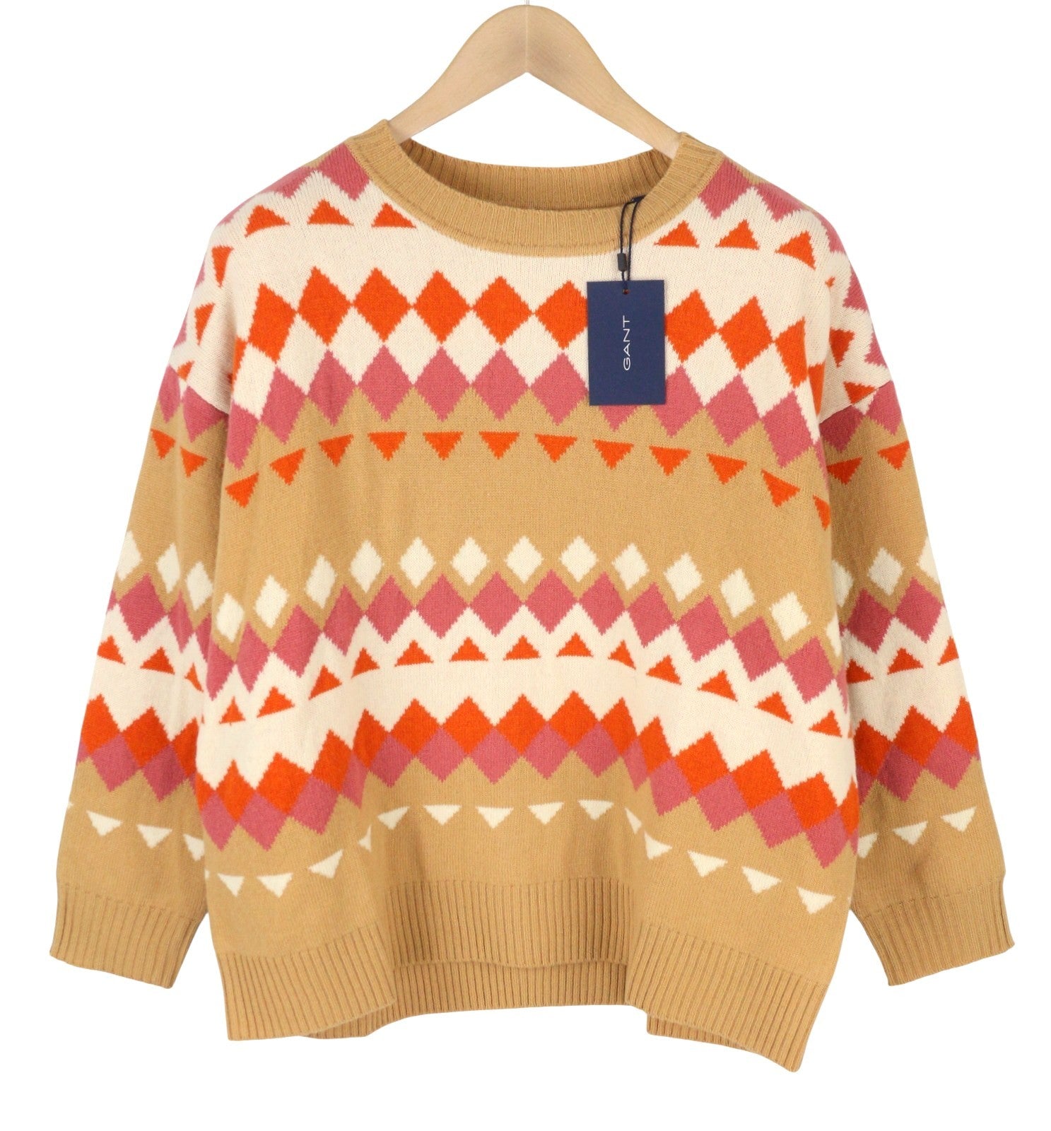 GANT Fairisle C Neck Women Jumper L Toffee Beige Wool Cashmere Knit Pull On