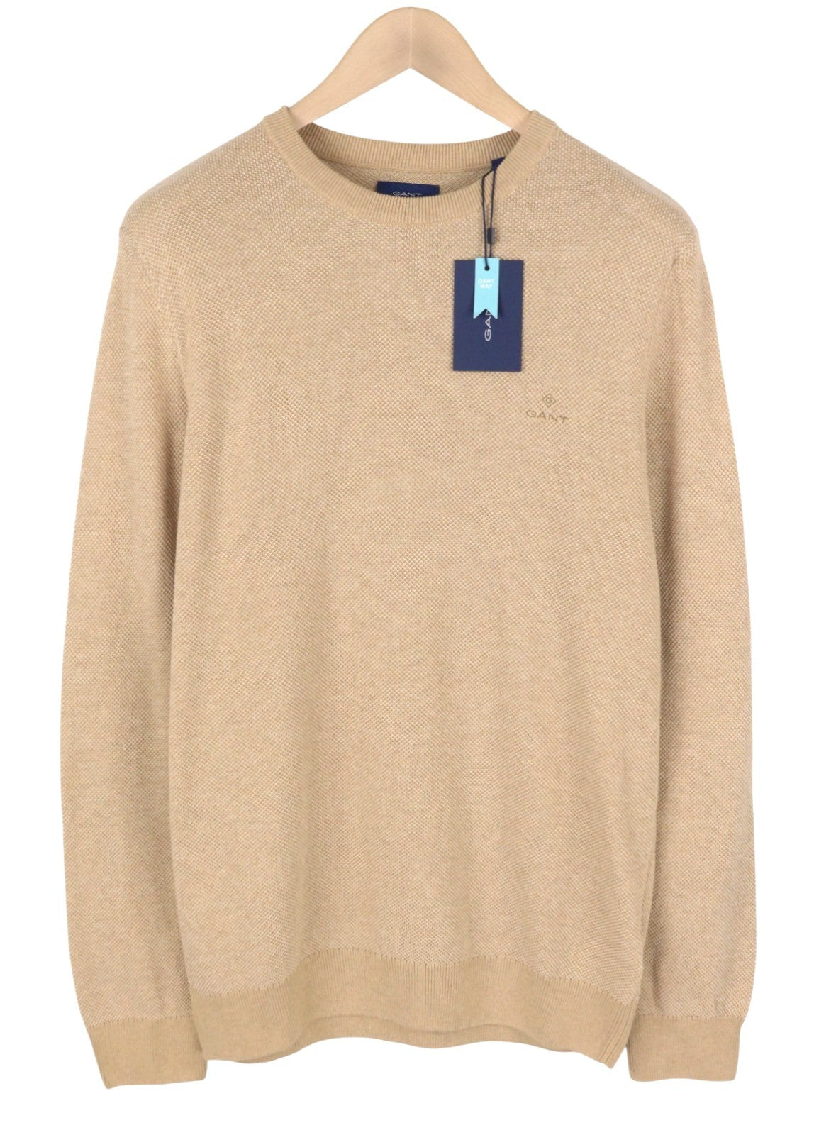 GANT Multi Texture Pique C Neck Men Jumper L Khaki Melange Knit Pull On