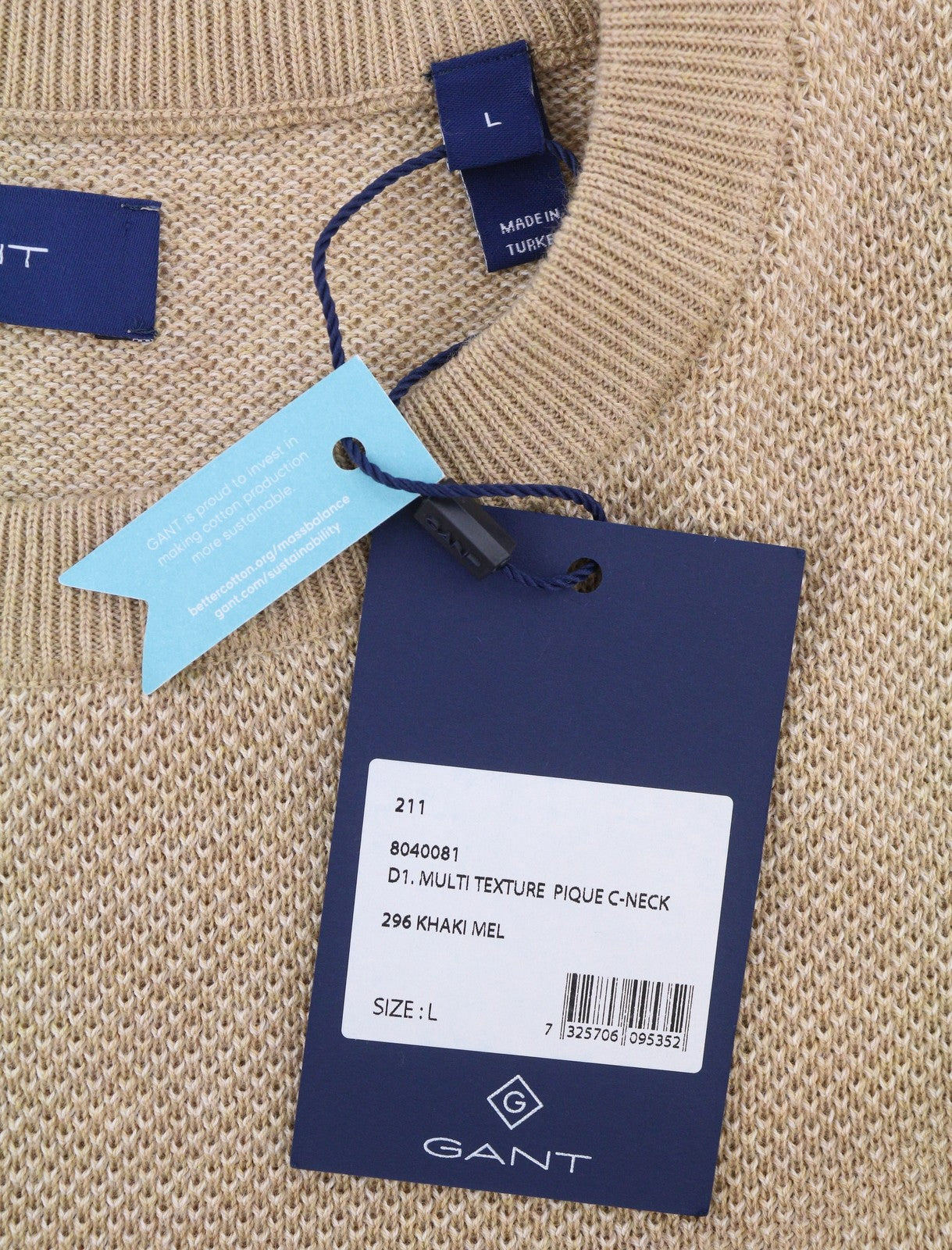 GANT Multi Texture Pique C Neck Men Jumper L Khaki Melange Knit Pull On