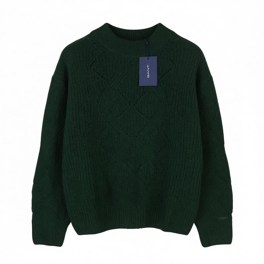 GANT Wool Mohair Pointelle Crew Women Jumper XL Tartan Green Knit Pull On