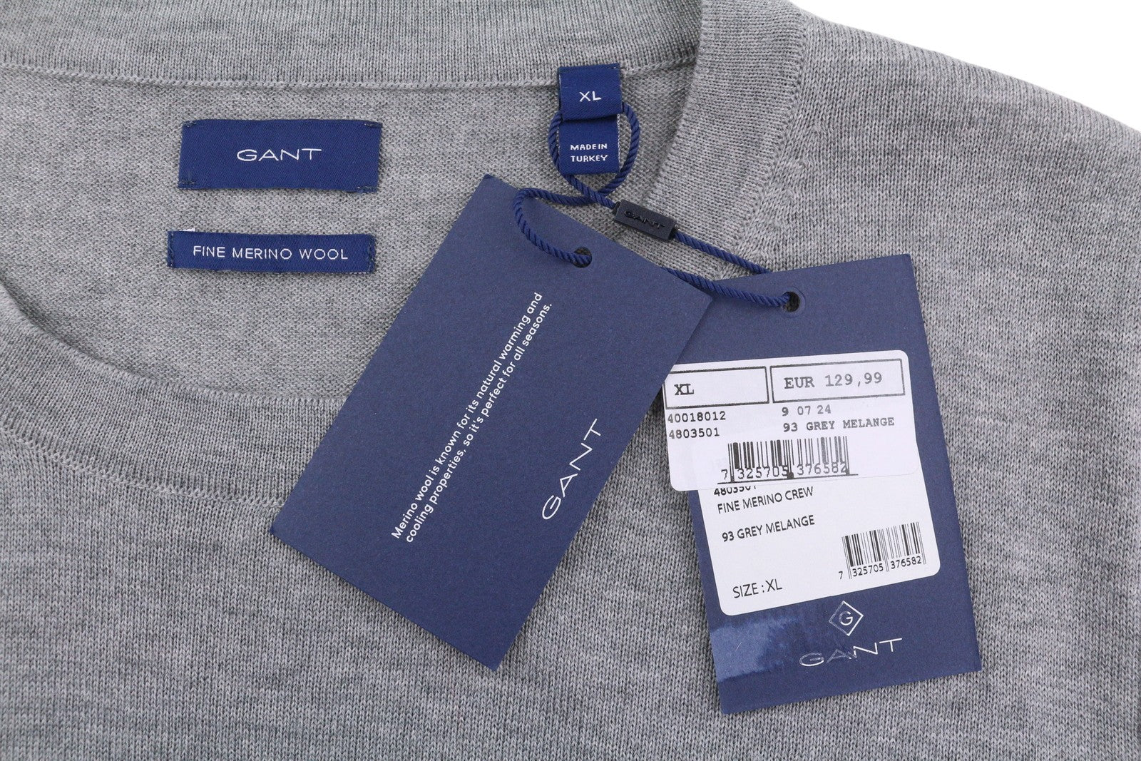 GANT Fine Merino Crew Women Jumper XL Grey Melange Tight Knit Pull On
