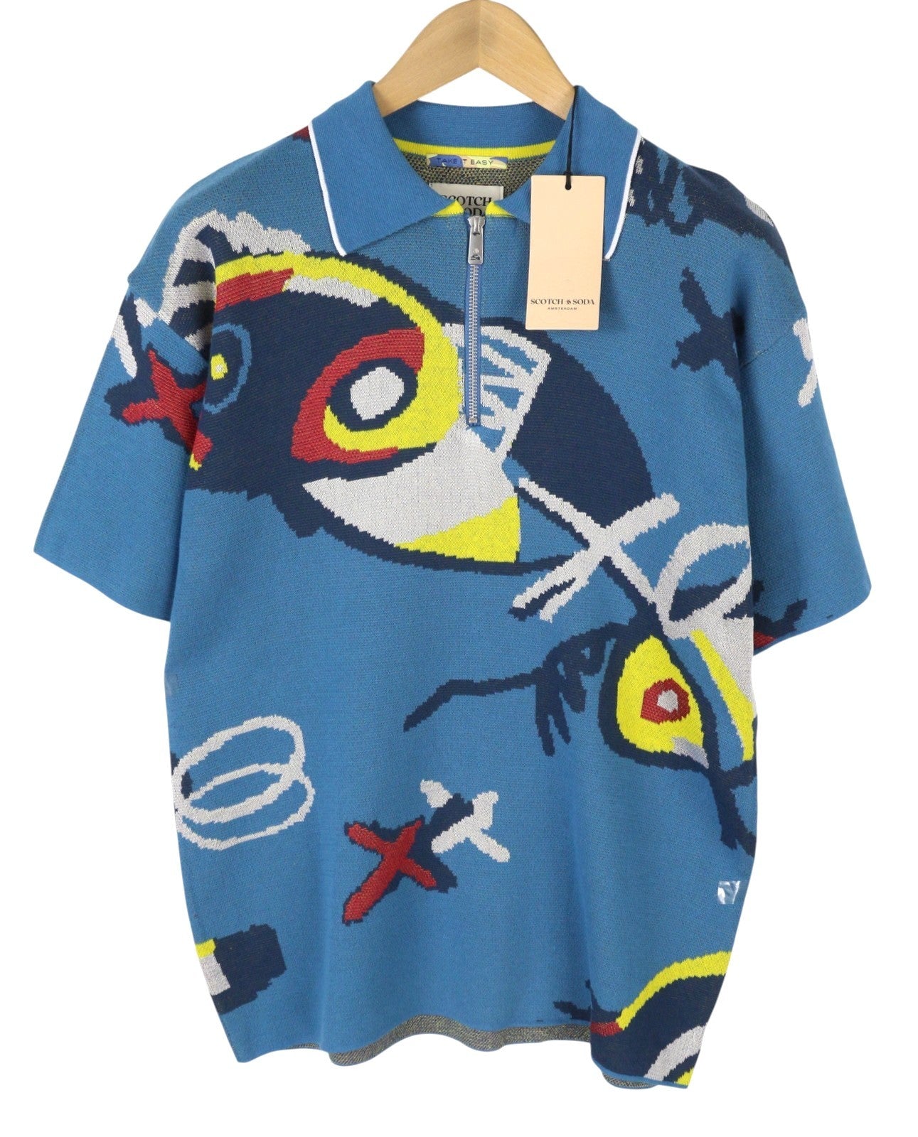 SCOTCH & SODA Men Polos M Blue Patterned Knitted Half Zip Short Sleeved