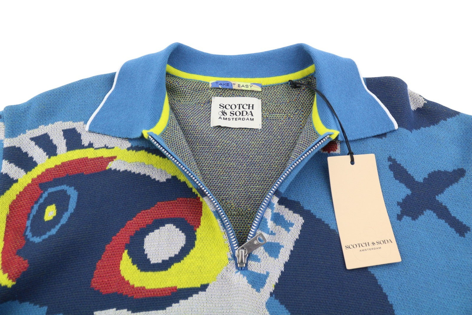 SCOTCH & SODA Men Polos M Blue Patterned Knitted Half Zip Short Sleeved