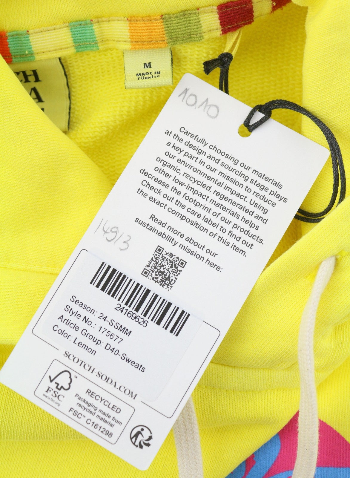 SCOTCH & SODA Men Hoodie M Yellow Organic Kangaroo Pocket Pull On