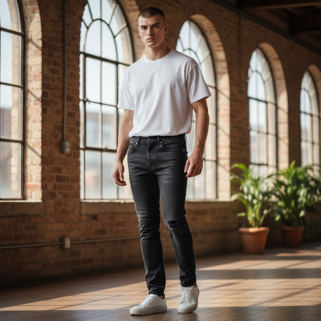 DIESEL D-Eetar 069DV W29/L30 vyriški džinsai su siaurėjančiomis plėšytomis detalėmis, juodi su sagomis.