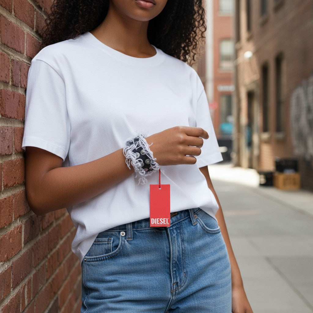 DIESEL A-Vets C moteriška apyrankė OS juoda džinsinio audinio siūlai sidabro atspalvis RRP 90 €