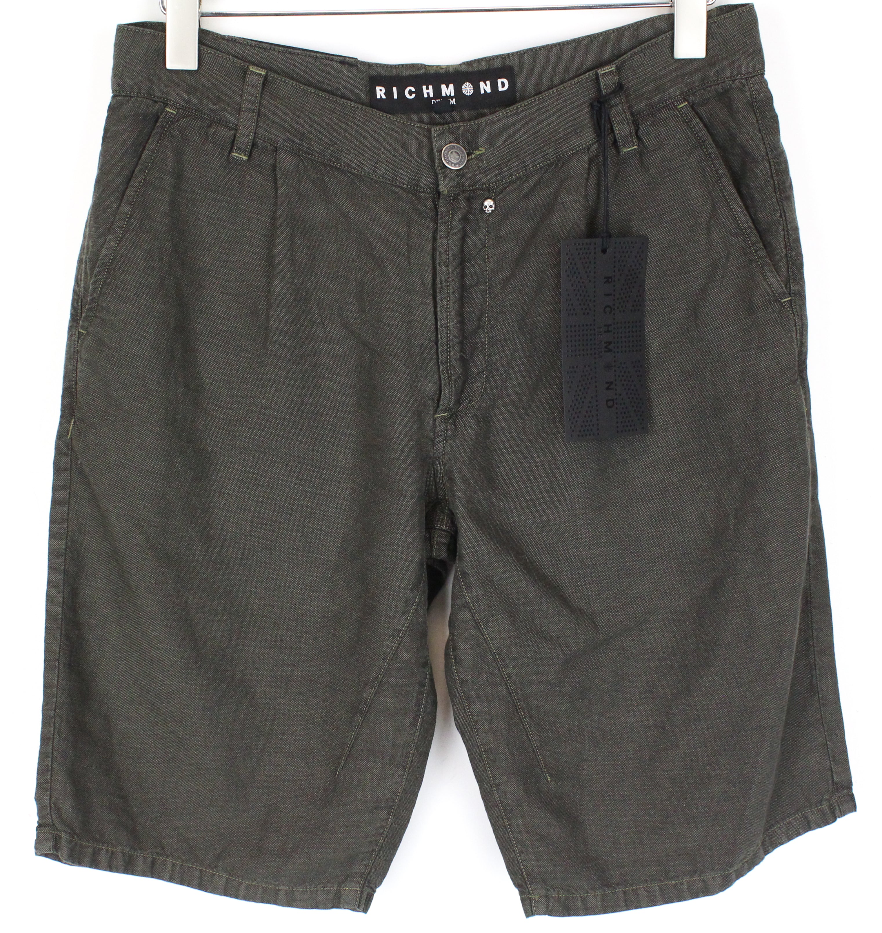 RICHMOND Men's Shorts 48 Green Cotton Linen Summer Casual Flat Front Shorts