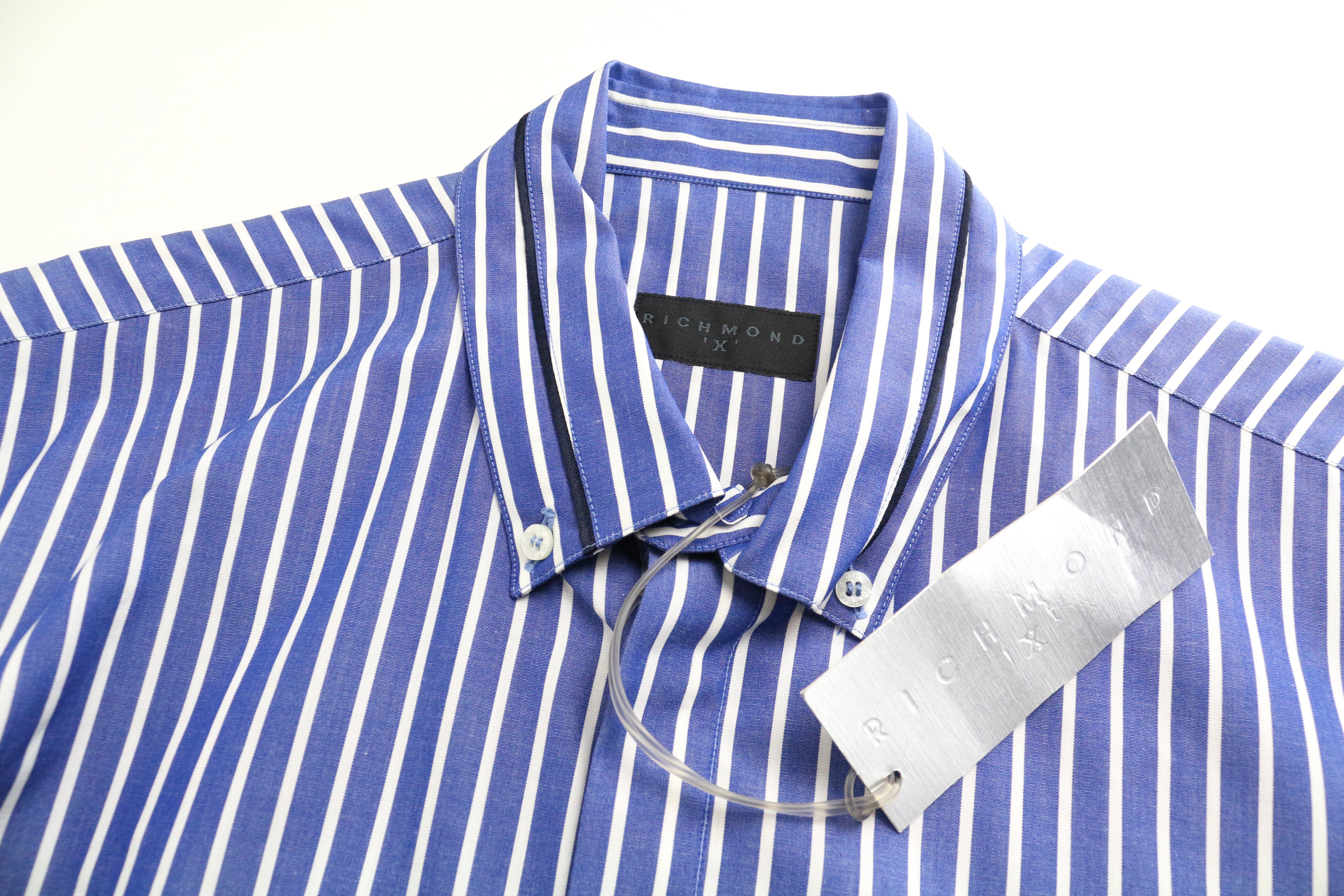 RICHMOND  Men Shirt 48 Blue Logo Pure Cotton Striped Pocketed Short Sleeved