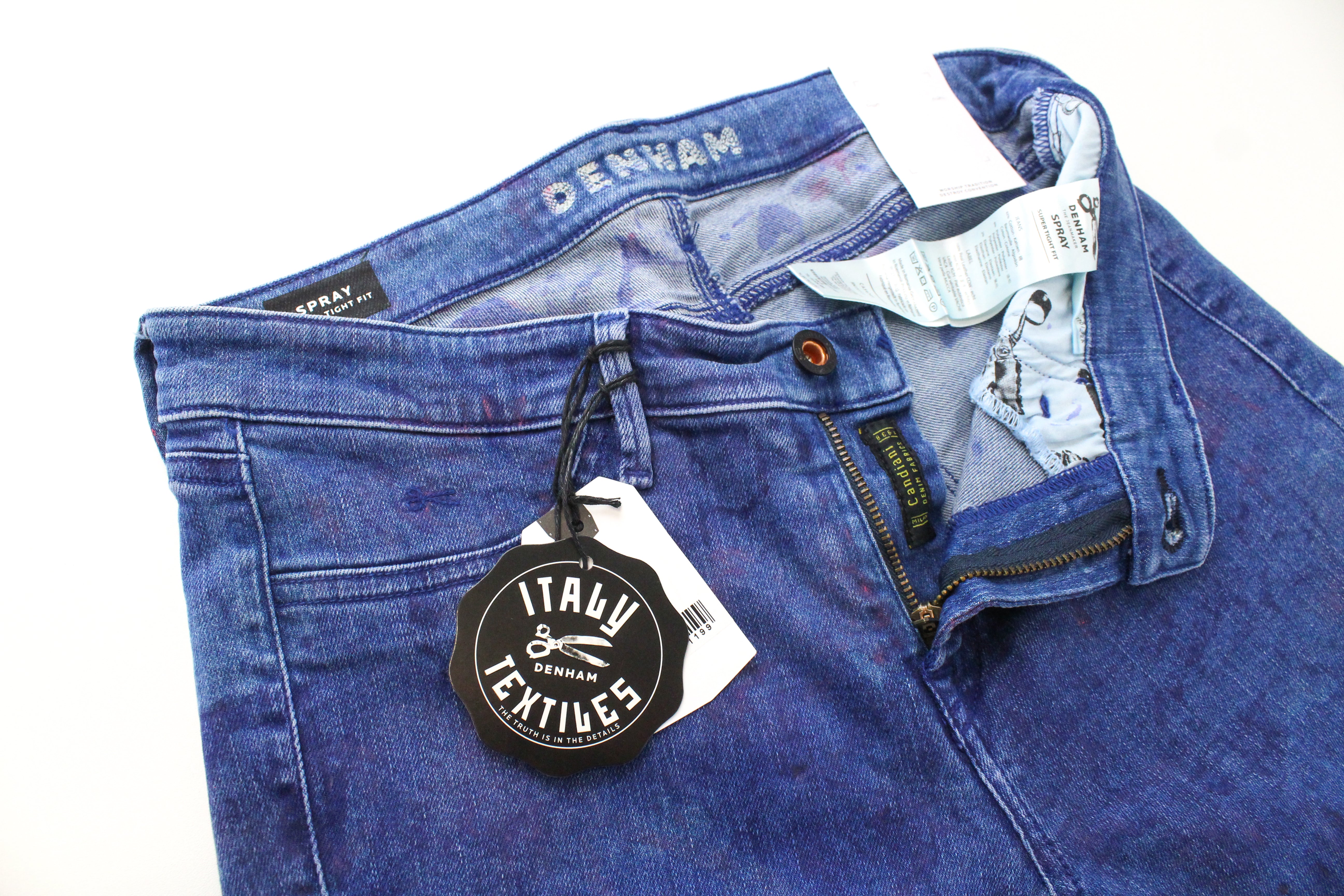 DENHAM Spray W28/L32 moteriškos tamprios mėlynos džinsinės kelnės, skalbtos, itin aptemptos 