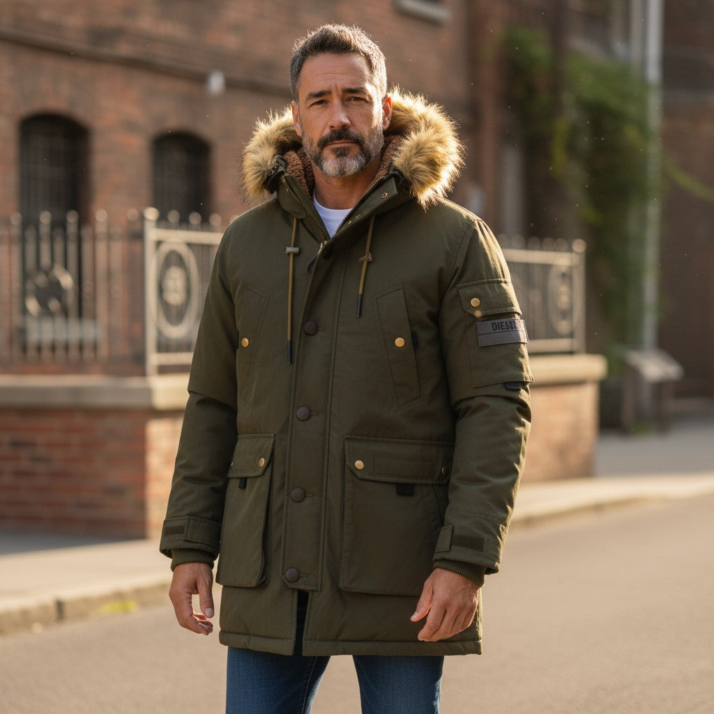 DIESEL W-Colby vyriška striukė S chaki spalvos parka su pašiltinimu ir gobtuvu, su kišenėmis, rekomenduojama mažmeninė kaina – 395 € 