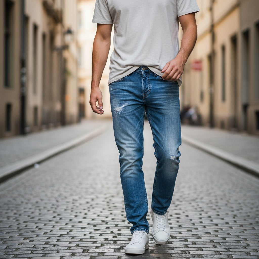 TAKESHY KUROSAWA vyriški džinsai W34 ploni mėlyni medvilniniai dažyti skalbti kelnės