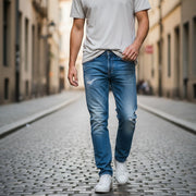 TAKESHY KUROSAWA vyriški džinsai W34 ploni mėlyni medvilniniai dažyti skalbti kelnės