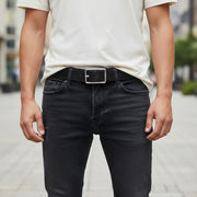 DIESEL B-Photo vyriškas diržas, 95 cm, juodas, odinis, sidabro spalvos sagtis, dvipusis logotipas