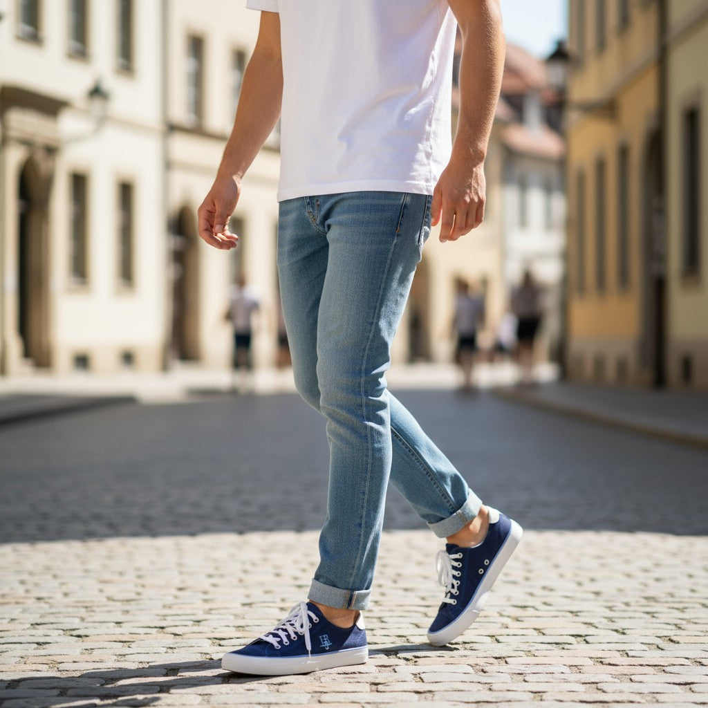 HARMONT &amp; BLAINE vyriški sportbačiai, EU42, mėlyni, džinso imitacijos, siuvinėtas žemas viršutinis logotipas 