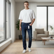 CALVIN KLEIN siaurėjantys tamsiai mėlyni vyriški džinsai W38/L32 tamprūs užtrauktuku su kišenėmis džinsinis audinys 