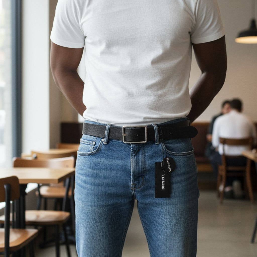 DIESEL B-Photo vyriškas diržas, 95 cm, juodas, odinis, sidabro spalvos, dvipusis, tamsus