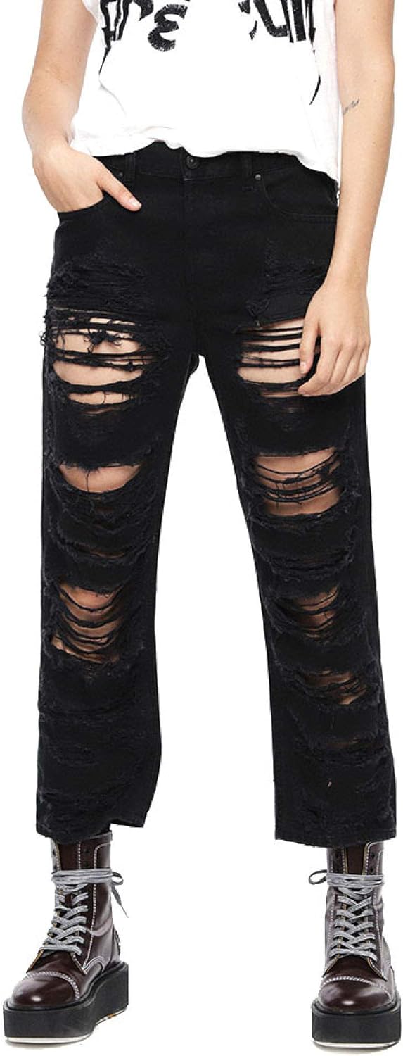 DIESEL Aryel 084WH moteriški džinsai W27/L32 tiesaus kirpimo, juodi, plėšyti medvilniniai 