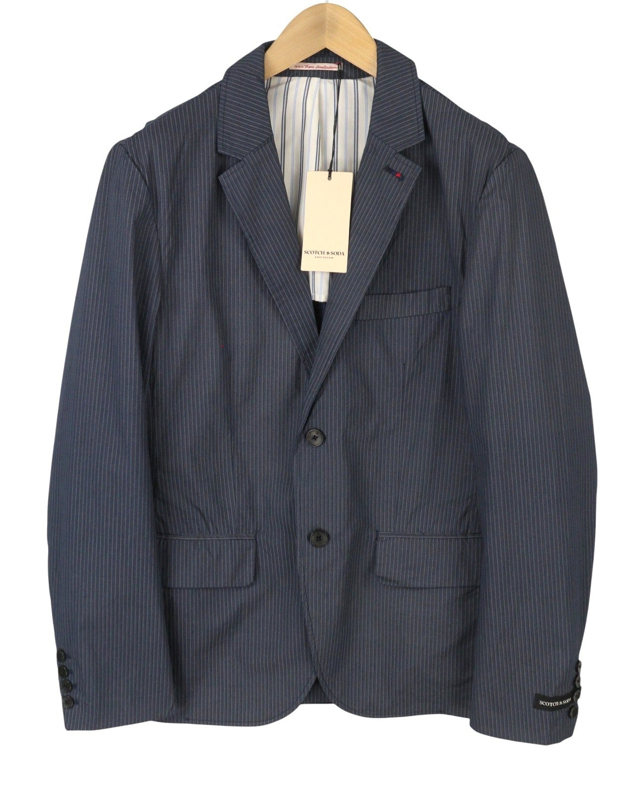 SCOTCH & SODA Men Blazer M Dark Blue Pinstriped Half Lined Single-Breasted