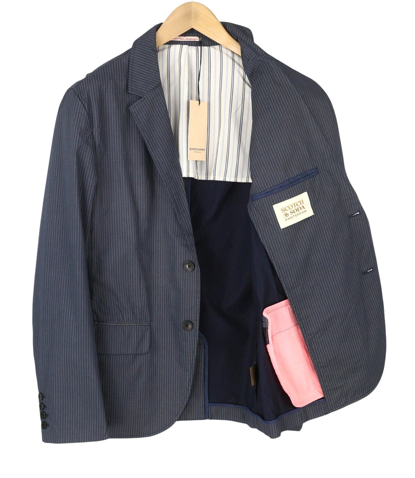 SCOTCH & SODA Men Blazer M Dark Blue Pinstriped Half Lined Single-Breasted