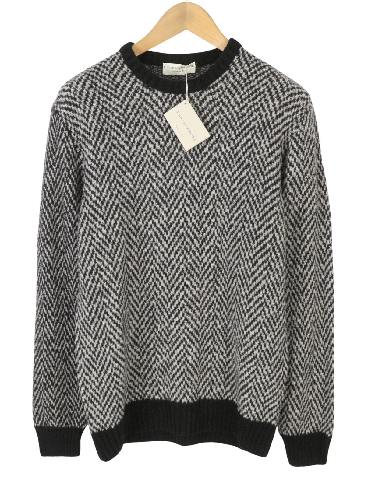 FILIPPO DE LAURENTIIS Men Jumper IT52 L Black Patterned Merino Wool Blend Knit
