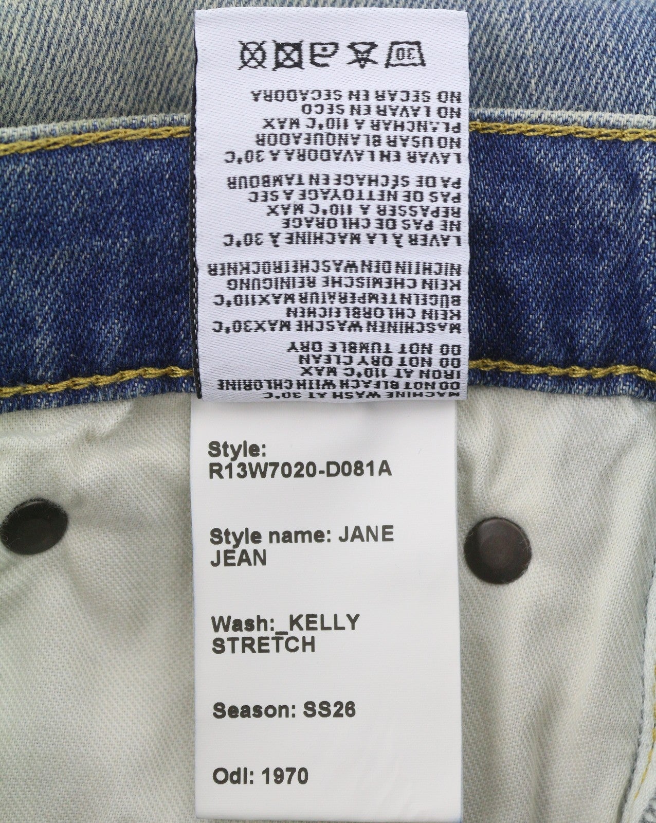 R13 Jane Women Jeans 24 Kelly Stretch Straight Whiskers Faded Blue SS26