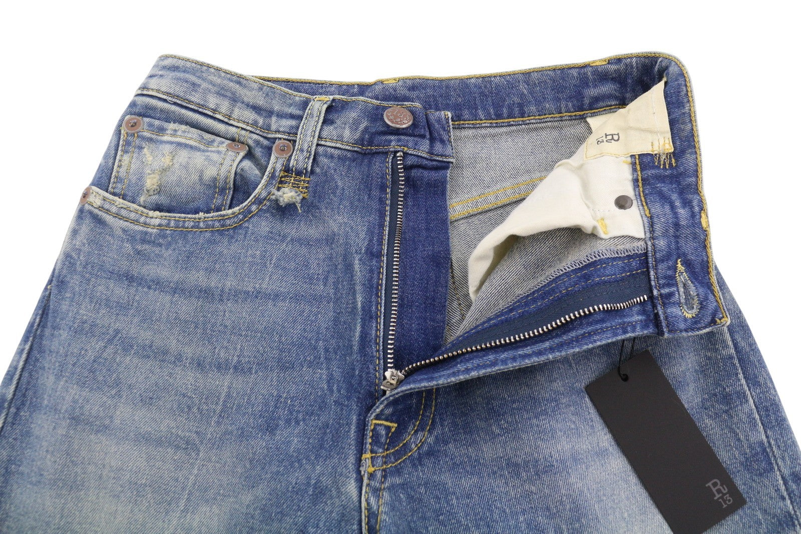 R13 Jane Women Jeans 24 Kelly Stretch Straight Whiskers Faded Blue SS26