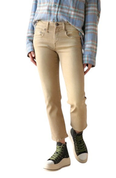 R13 Boy Straight Women Jeans 27 Khaki Stretch Faded Cropped Zip RRP699