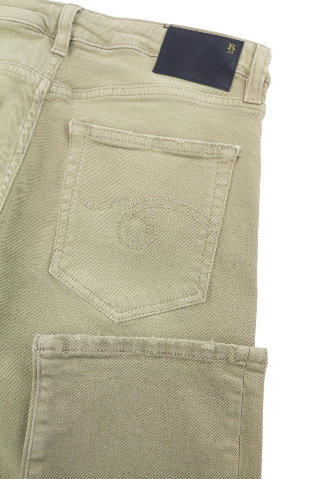 R13 Boy Straight Women Jeans 27 Khaki Stretch Faded Cropped Zip RRP699