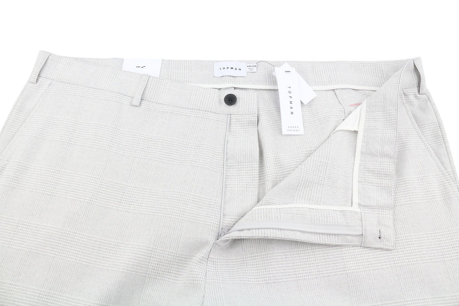 TOPMAN Men Trousers W46/L34 Light Grey Plaid Super Skinny Fit Formal