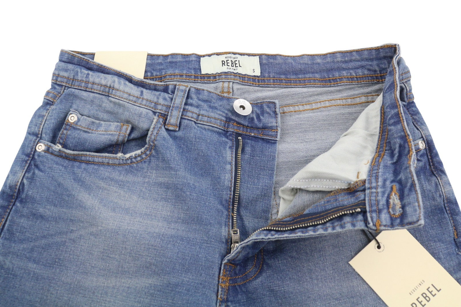 REDEFINED REBEL Copenhagen Men Shorts S Blue Whiskers Faded Zip Fly Denim
