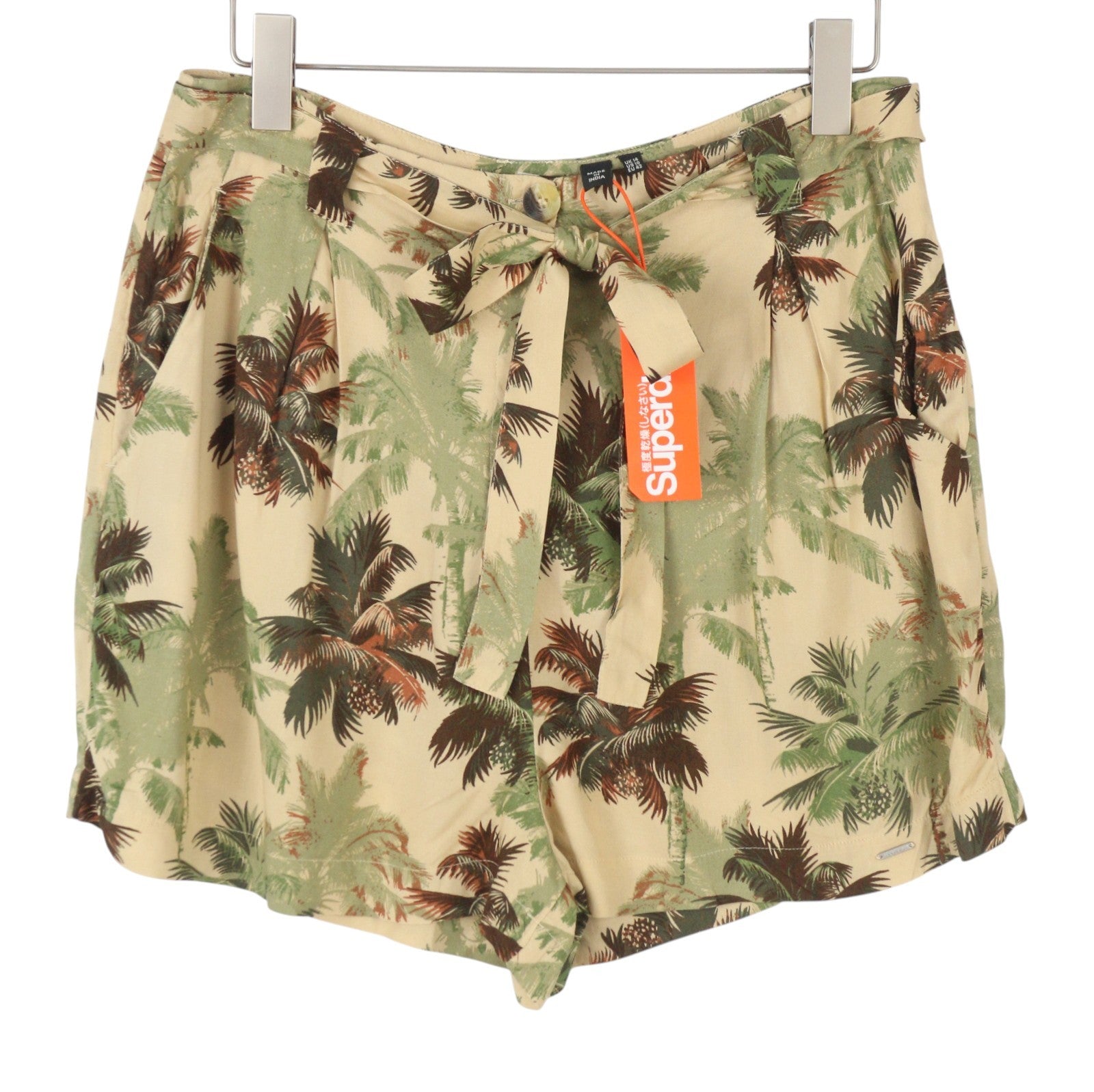 SUPERDRY Women Shorts L Brown Palm Tree Print Pleated Belted