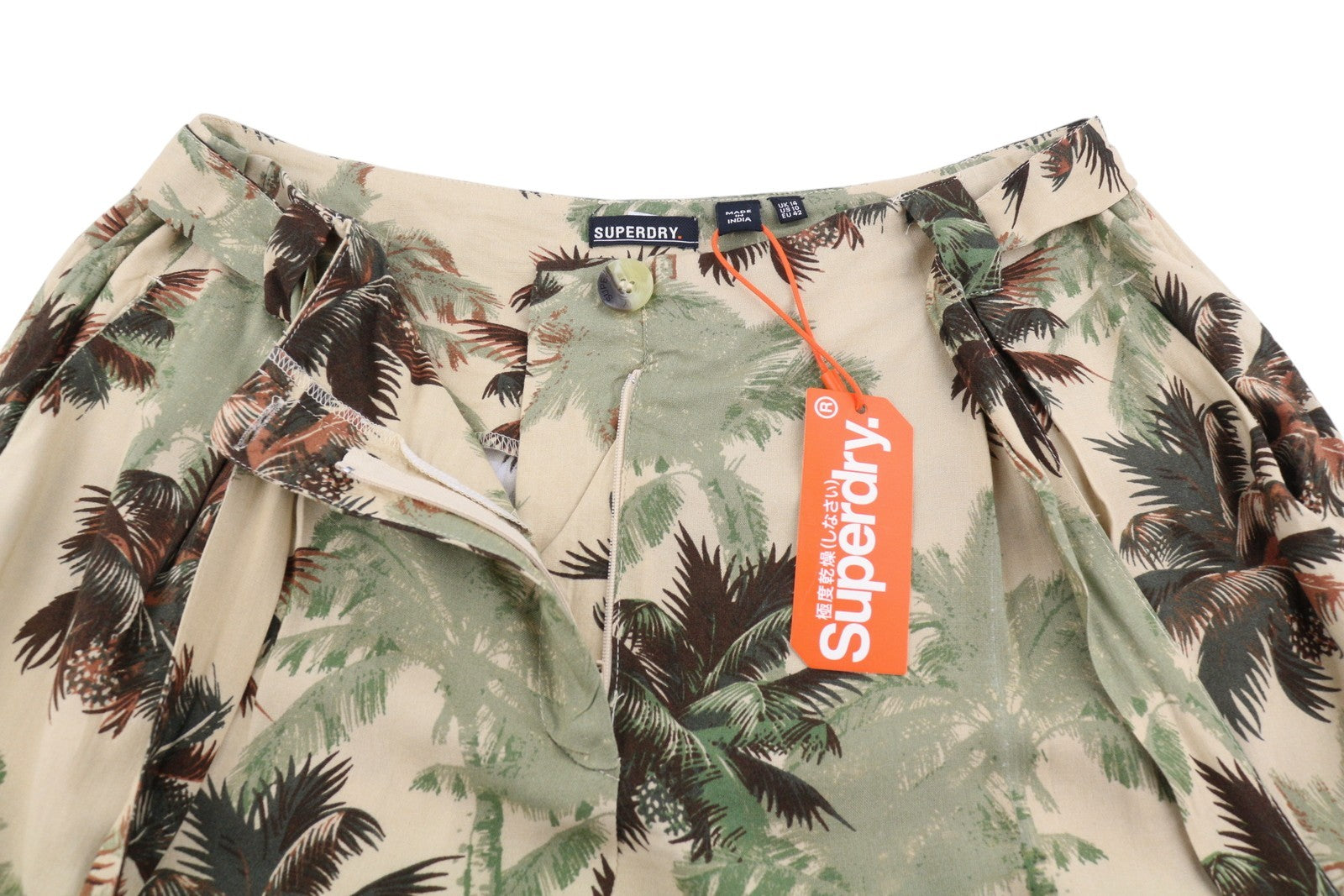 SUPERDRY Women Shorts L Brown Palm Tree Print Pleated Belted