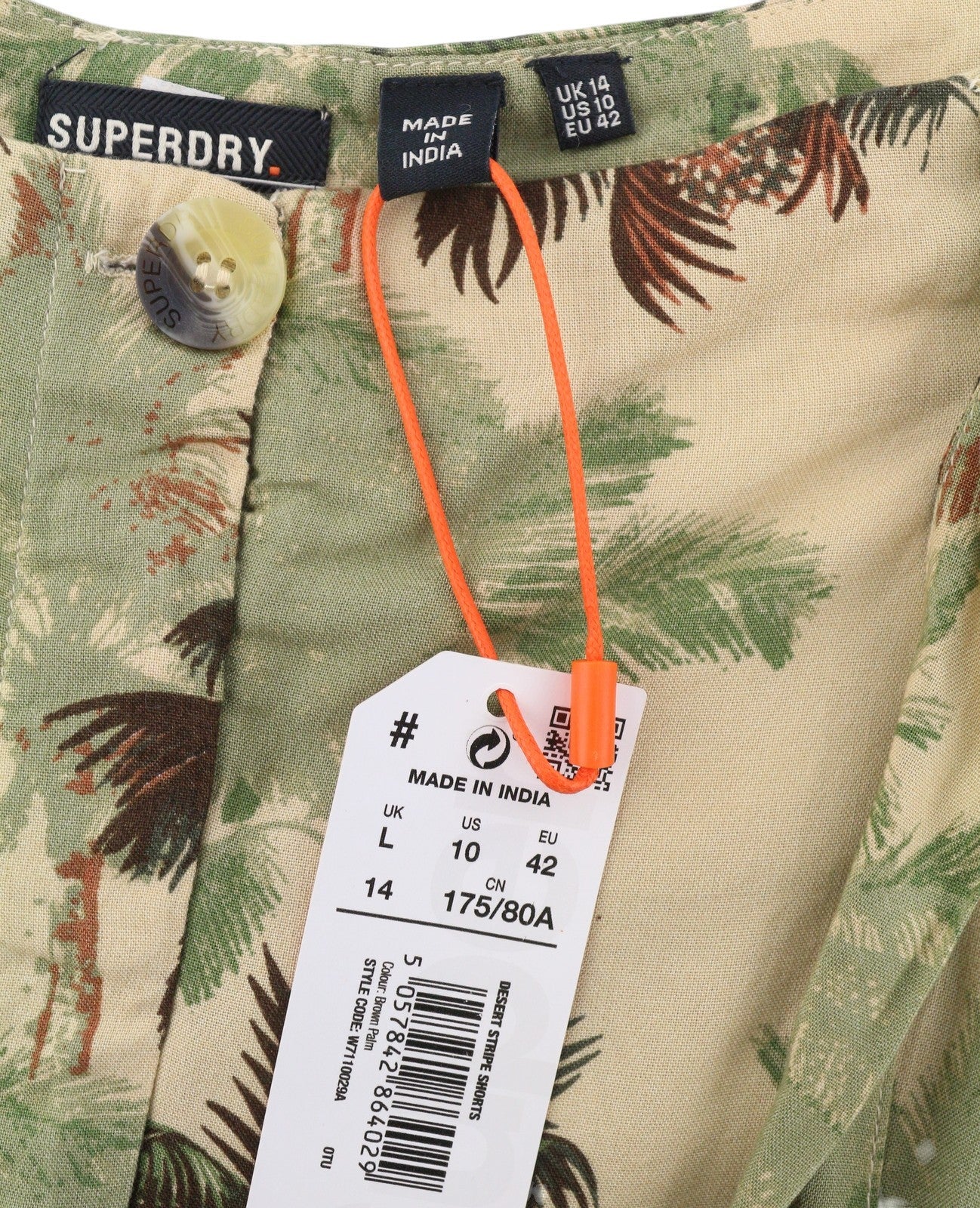 SUPERDRY Women Shorts L Brown Palm Tree Print Pleated Belted