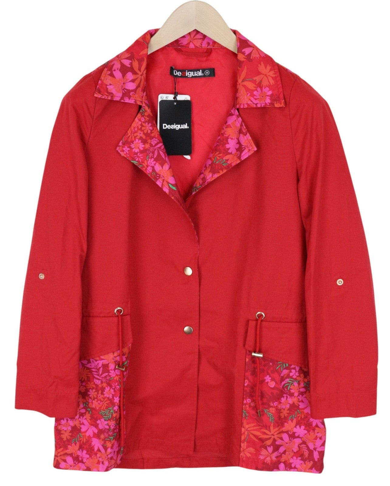 DESIGUAL Delphine Women Jacket EU36 Floral Red Melange Trench Mid-Length