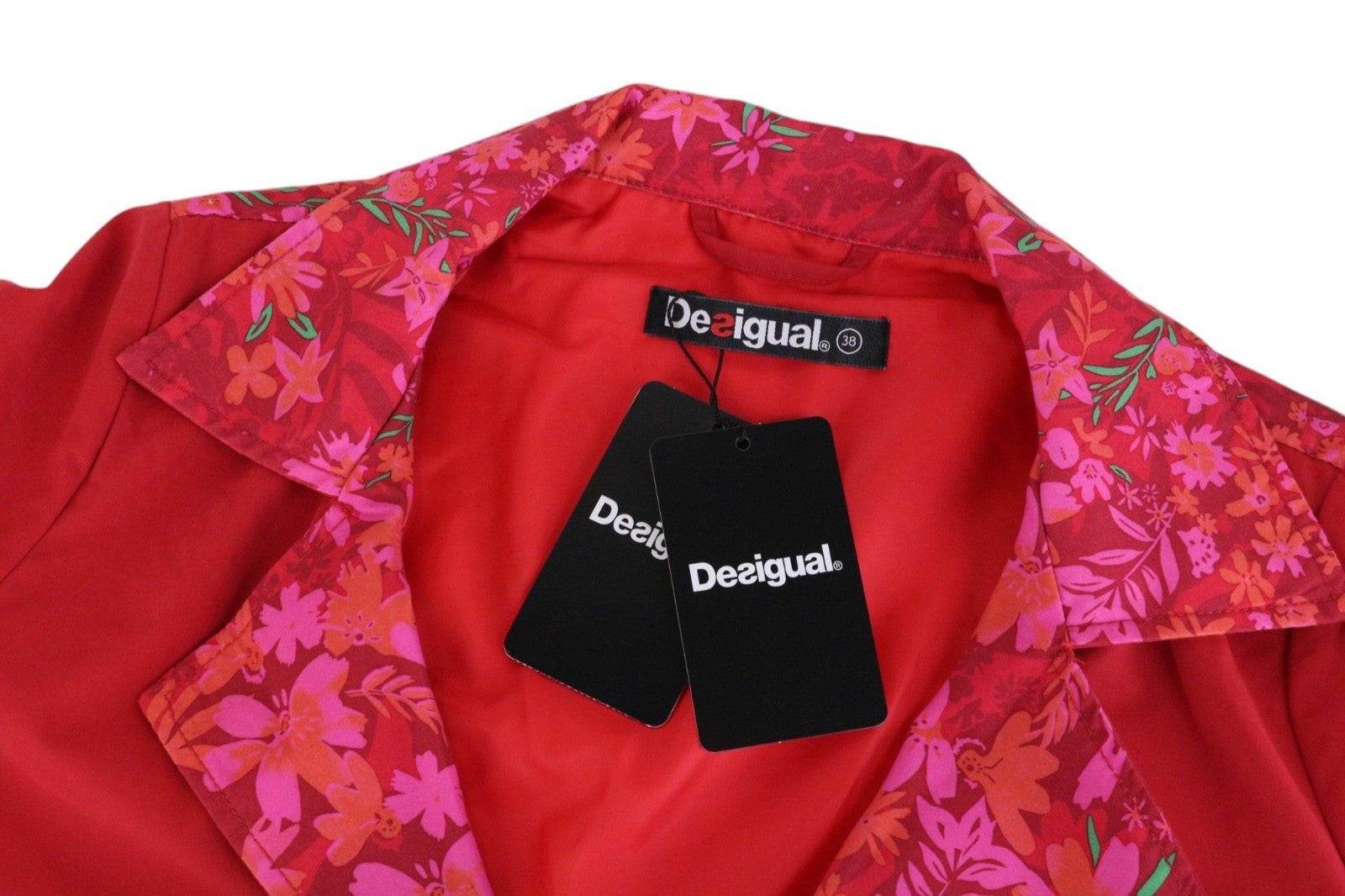 DESIGUAL Delphine Women Jacket EU38 Red Trench Melange Floral Print Mid-Length