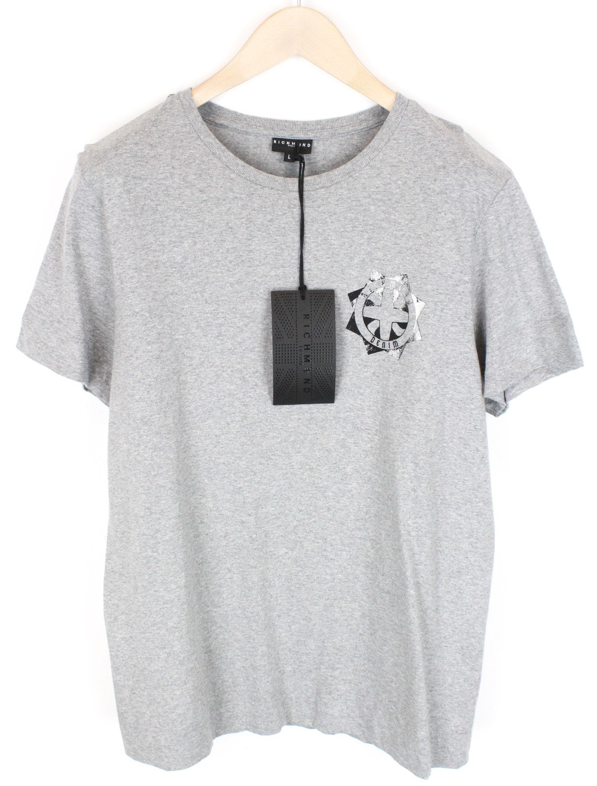 RICHMOND  Men T-Shirt L Grey Short Sleeved Logo Casual Pull On