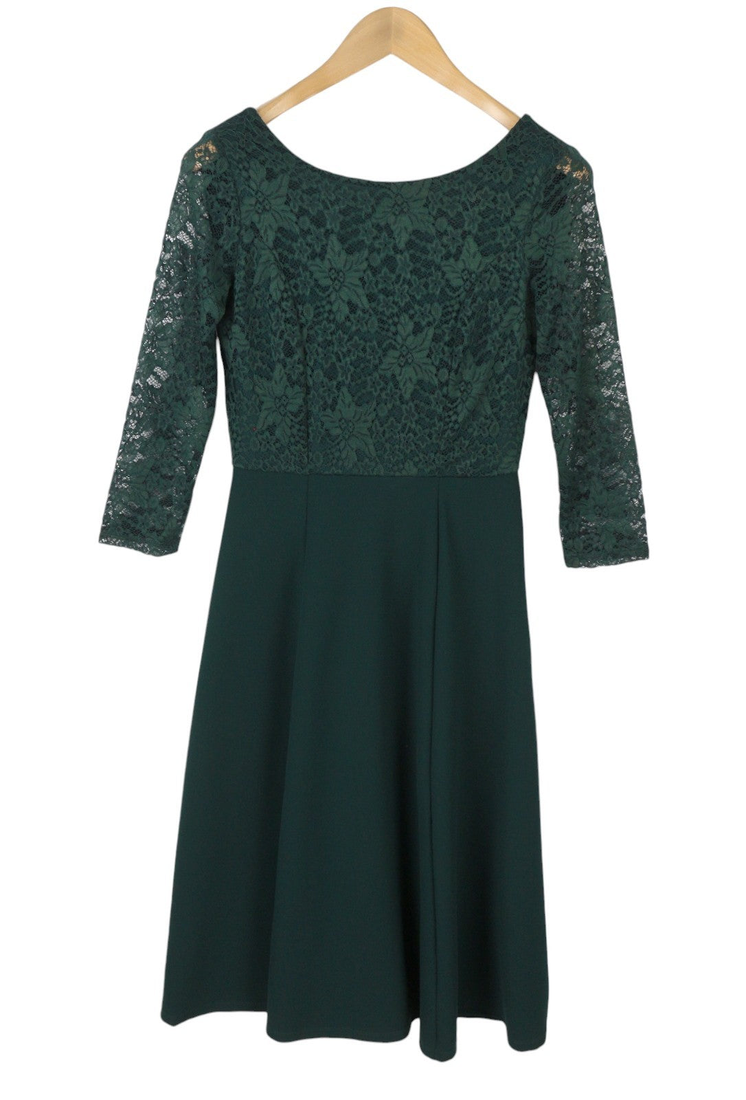 ANNA FIELD Women Dress S PETITE Green Laced Round Collar 3/4 Sleeves Midi