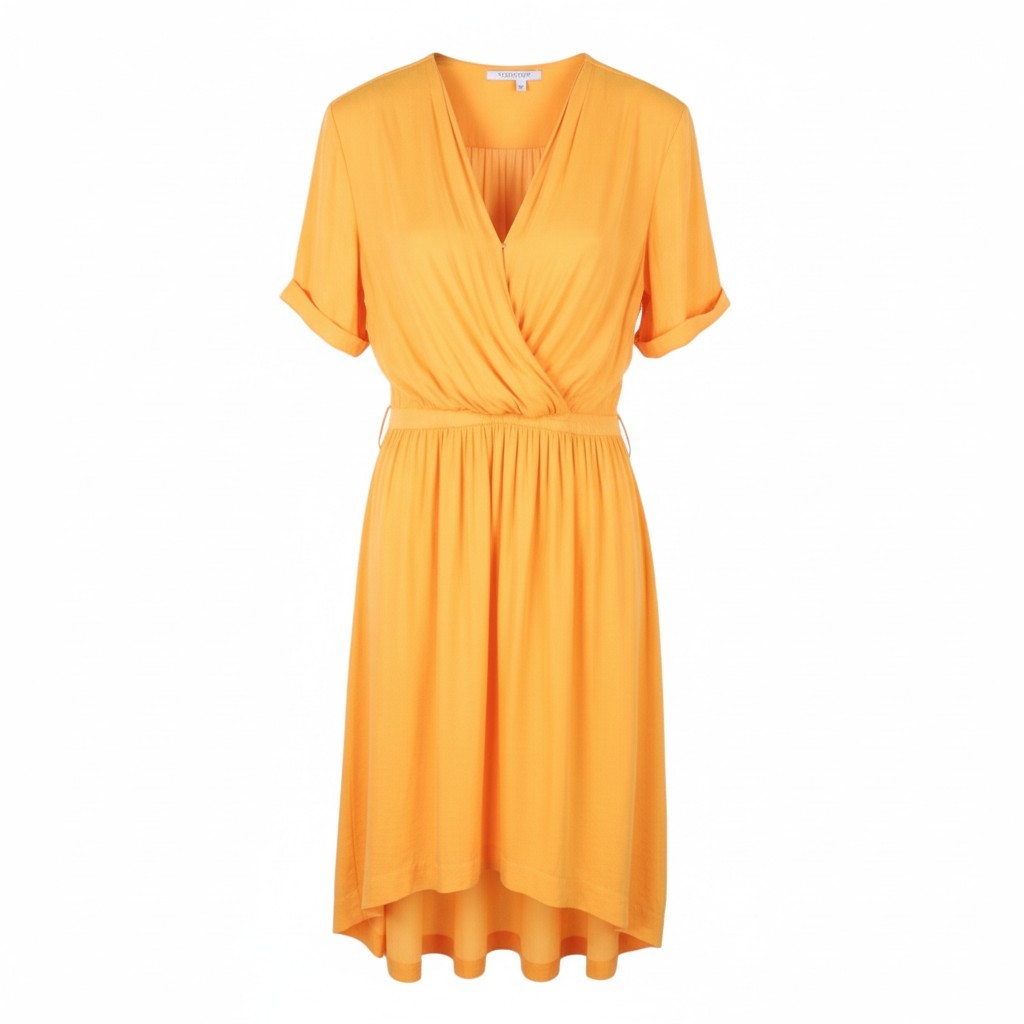 MAISON SCOTCH Women Dress S Yellow Wrap Belted Short Sleeve Mid Length