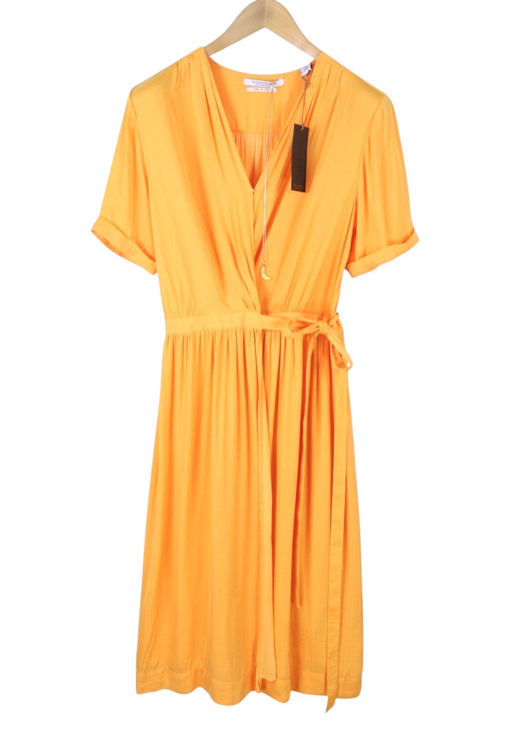 MAISON SCOTCH Women Dress S Yellow Wrap Belted Short Sleeve Mid Length