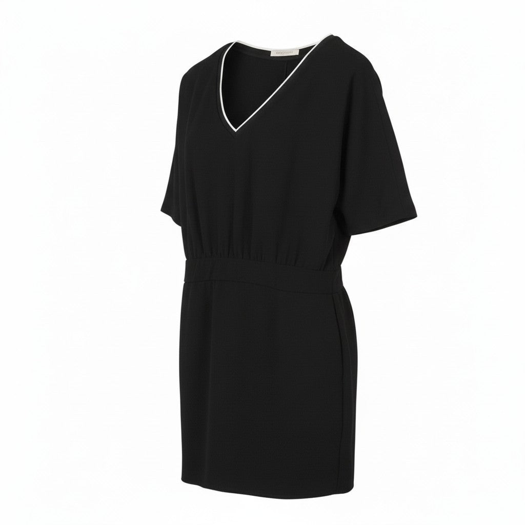 MAISON SCOTCH Women Dress M Black Layered V-Neck Short Sleeve Knee-Length