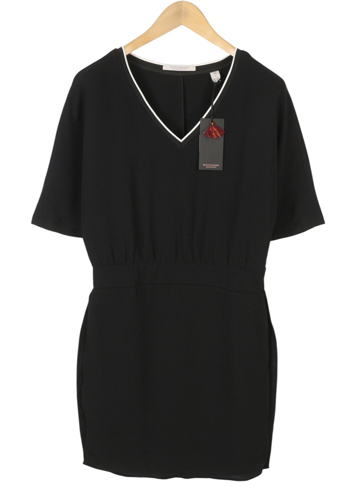 MAISON SCOTCH Women Dress M Black Layered V-Neck Short Sleeve Knee-Length